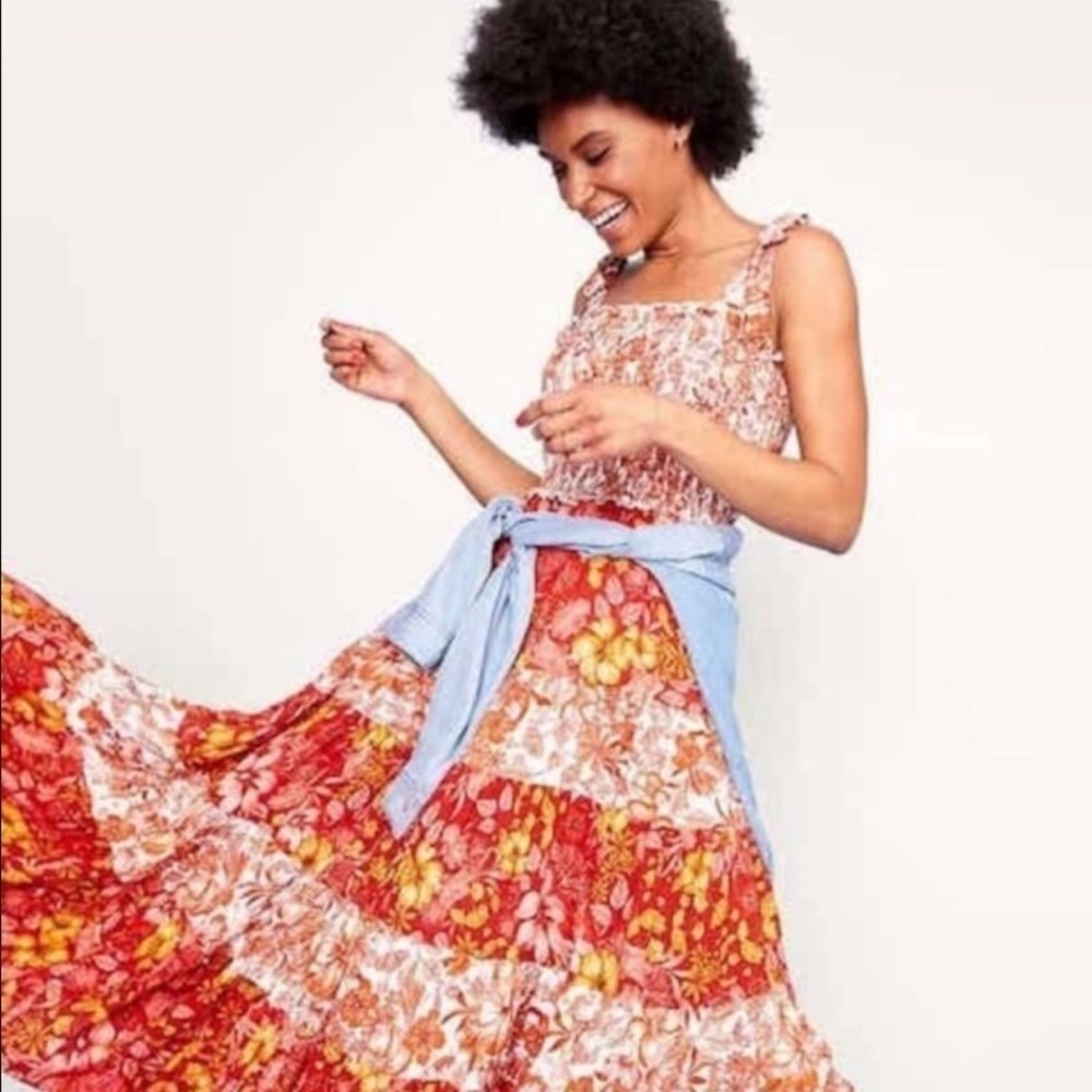 Abel the Label x Anthropologie ATL orange floral tiered maxi swingy dress size M